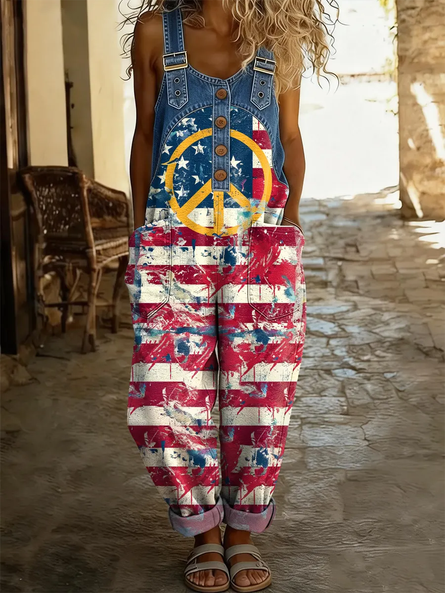 Women's Flag-printed Artistic Washed Cotton Denim Patchwork Jumpsuit